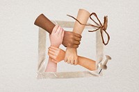 Diverse hands united, paper collage element