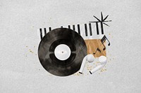 Retro music aesthetic, vinyl record and earphones paper collage