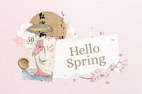 Hello Spring word, Japanese aesthetic paper collage