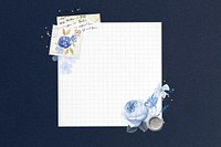 Grid notepaper frame, vintage blue rose border remix illustration
