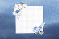 Grid paper, vintage blue rose border remix illustration