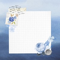 Grid notepaper, vintage blue rose border remix illustration