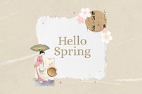 Hello Spring word, Japanese aesthetic paper collage