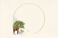 Gold circle frame, stag deer wildlife illustration