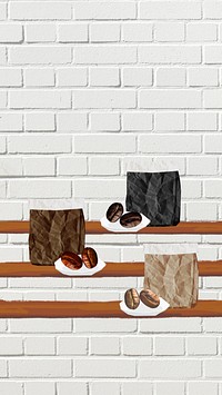 Aesthetic coffee bag mobile wallpaper, brick wall background