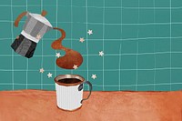 Moka pot pouring coffee background, cute aesthetic design