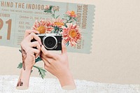 Retro film camera aesthetic background, travel floral collage