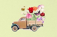 Flower delivery, tulips in truck remix illustration