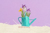 Colorful iris flower in teal watering can remix illustration