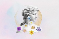 Vintage female Greek sculpture, flower remix illustration