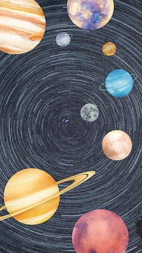 Aesthetic star trails phone wallpaper, solar system illustration