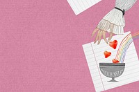 Pink self-love background, hands pouring hearts illustration