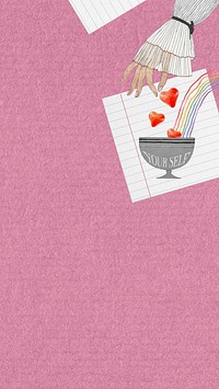 Pink self-love iPhone wallpaper, hands pouring hearts illustration