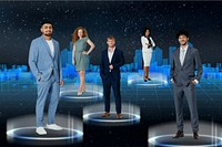 Businesspeople standing futuristic design, digital remix