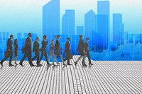 Businesspeople walking, futuristic design, digital remix