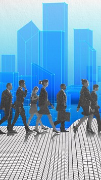 Businesspeople walking mobile wallpaper, futuristic design, digital remix