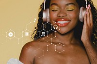 Black woman listening to music, entertainment technology