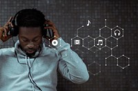 Black man listening to music, entertainment technology