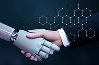 AI robot & businessman handshake, digital remix