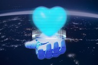 Blue heart in robot hand, digital remix