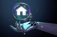 Home bubble in robot hand, digital remix