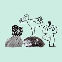 Wellness doodle background, people doing yoga pose