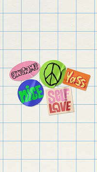 Self-love typography badges mobile wallpaper, cute doodle background