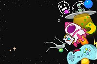 Funky space gaming background, alien cartoon border