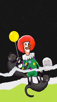 Funky clown balloon phone wallpaper, black cats background