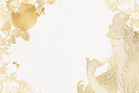 Gold floral frame background, Alphonse Mucha's woman vintage illustration, remixed by rawpixel