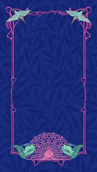 Blue leaf patterned iPhone wallpaper, pink ornamental frame, remixed from the artwork of William Morris