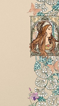 Art nouveau lady mobile wallpaper, Alphonse Mucha's vintage artwork, remixed by rawpixel