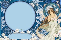 Blue celestial goddess background, Alphonse Mucha's famous artwork, remixed by rawpixel