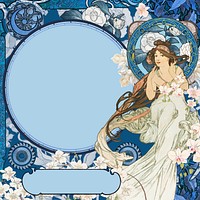 Blue celestial goddess background, Alphonse Mucha's famous artwork, remixed by rawpixel