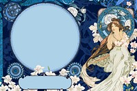 Blue celestial goddess background, Alphonse Mucha's famous artwork, remixed by rawpixel