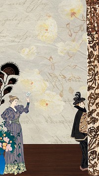 Vintage Victorian women iPhone wallpaper, floral border background, remixed from the artwork of George Barbier