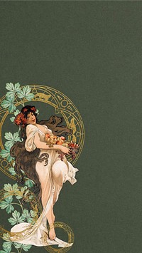 Vintage floral woman phone wallpaper, remixed from the artwork of Alphonse Mucha