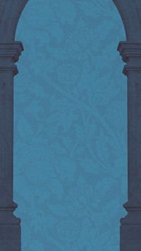 Blue iPhone wallpaper, arch pillar frame, William Morris' flower patterned background, remixed by rawpixel