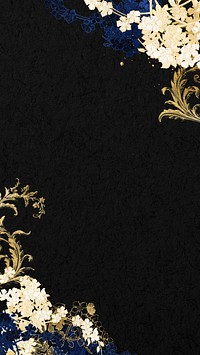 Aesthetic black iPhone wallpaper, gold flower border, remixed by rawpixel
