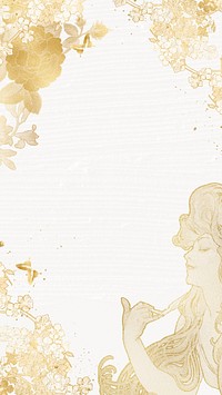 Gold floral frame mobile wallpaper, Alphonse Mucha's woman vintage illustration, remixed by rawpixel