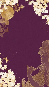 Gold floral frame mobile wallpaper, Alphonse Mucha's woman vintage illustration, remixed by rawpixel