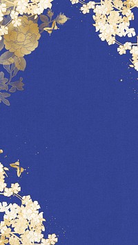  Aesthetic blue iPhone wallpaper, gold flower border, remixed by rawpixel