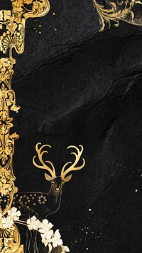 Aesthetic gold deer iPhone wallpaper, black textured background design, remixed by rawpixel