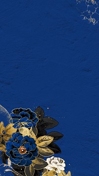 Aesthetic flora blue iPhone wallpaper, gold rose border, remixed by rawpixel