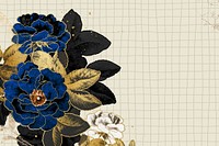 Beige grid background, blue rose border, remixed by rawpixel