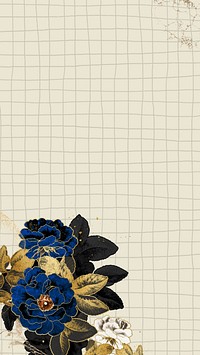 Beige grid iPhone wallpaper, blue rose border, remixed by rawpixel