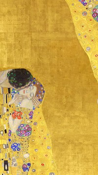 Klimt's The Kiss iPhone wallpaper, vintage yellow background, remixed by rawpixel