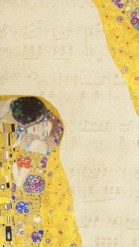 Klimt's The Kiss iPhone wallpaper, vintage yellow background, remixed by rawpixel