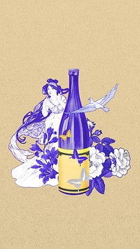 Vintage wine bottle iPhone wallpaper, Music (from Les Arts) by Alphonse Mucha background, remixed by rawpixel