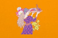 Woman carrying peacock background, vintage orange design, remixed from the artwork of Louis Rhead